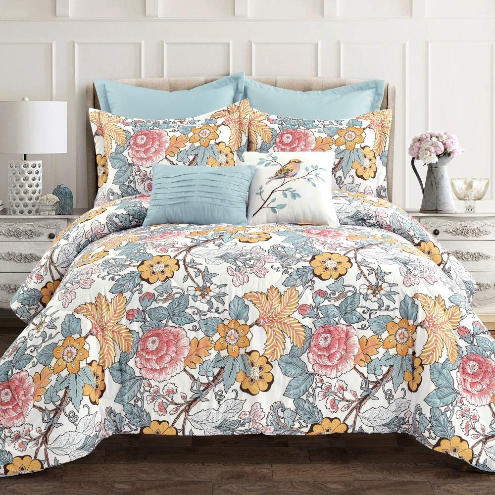 Lush Decor Sydney Comforter Set - 7 Piece Floral Leaf Design Bedding Set with Euro Shams & Decorative Pillows - Full/Queen Size, Blue & Yellow - Perfect for Master Bedroom, Guest Room, and Boho Chic Home Decor