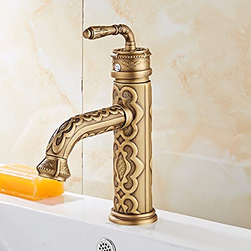 Antique Bronze Single Handle Bathroom Sink Faucet - 1 Hole Basin Mixer Tap with 360° Rotation for Hot & Cold Water - Vintage Carved Design for Bathroom Vanity & Powder Room Decor
