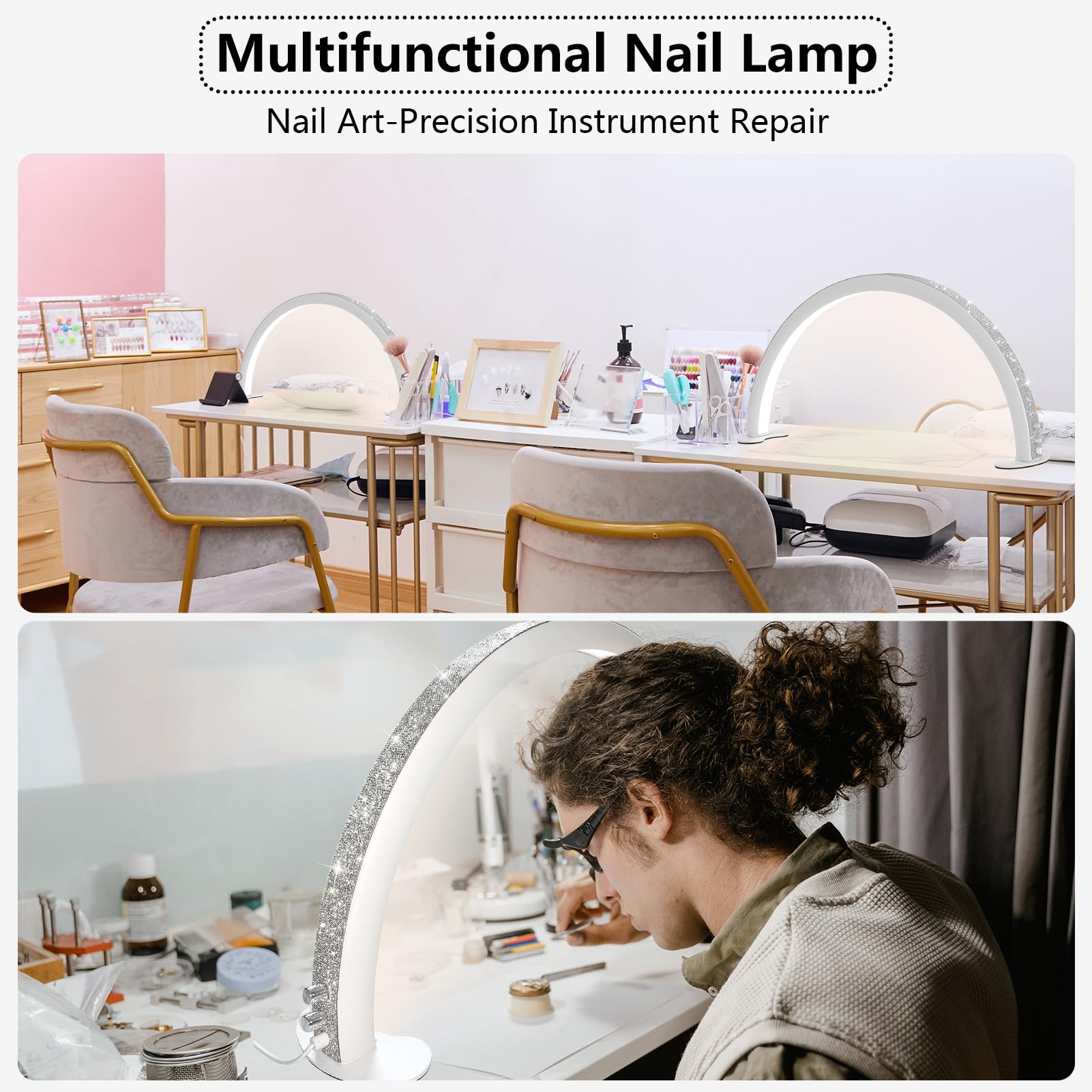 Half Moon LED Nail Desk Lamp - 29 Inch Adjustable Nail Tech Light with Stepless Dimming & 3 Color Temperatures - Arch Manicure Lighting for Salon, Home Nail Art Studio & Professional Nail Technicians