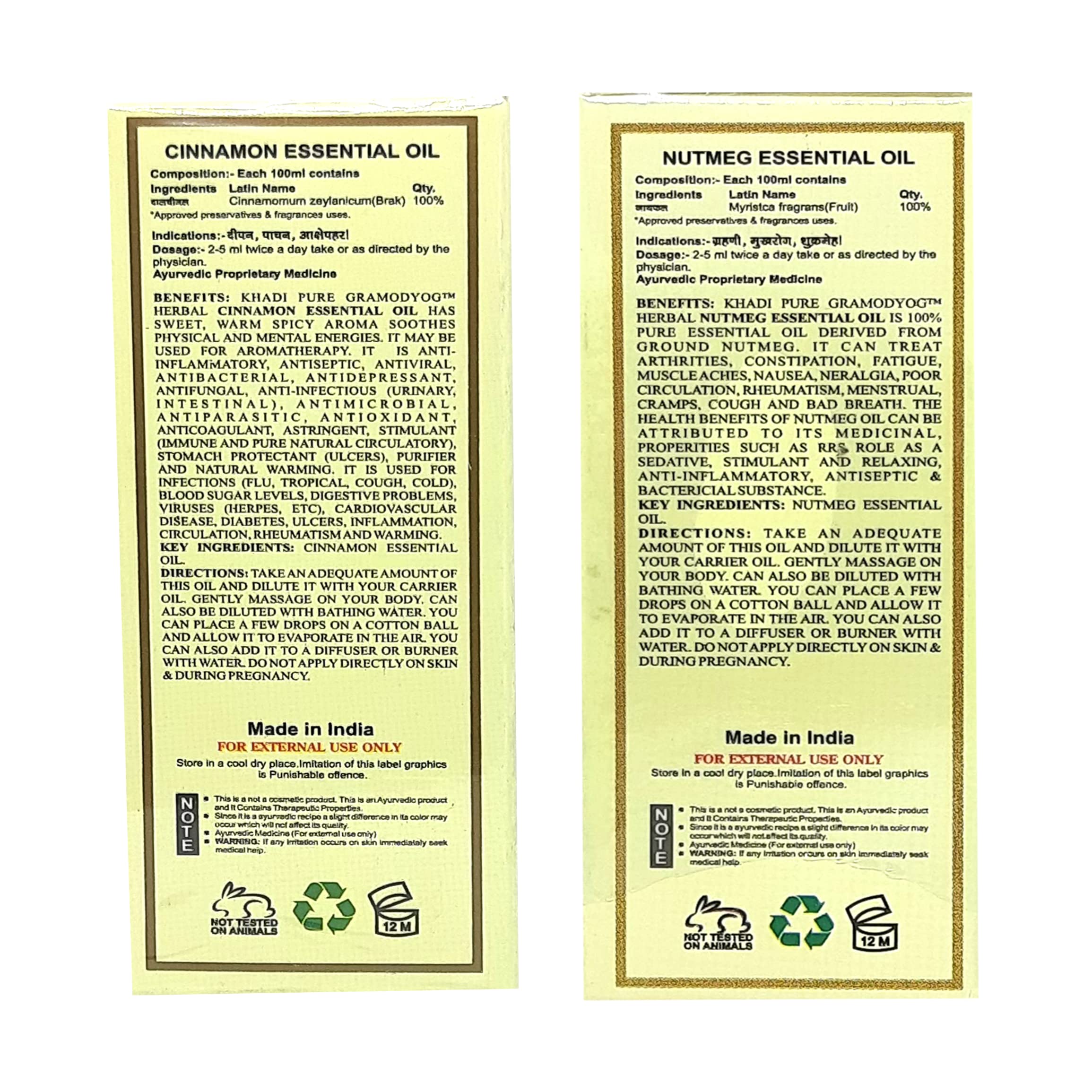 Khadi Pure Cinnamon & Nutmeg Essential Oil 15ml (Pack of 2) - 100% Natural Aromatherapy Oil for Relaxation, Massage & Diffuser Use