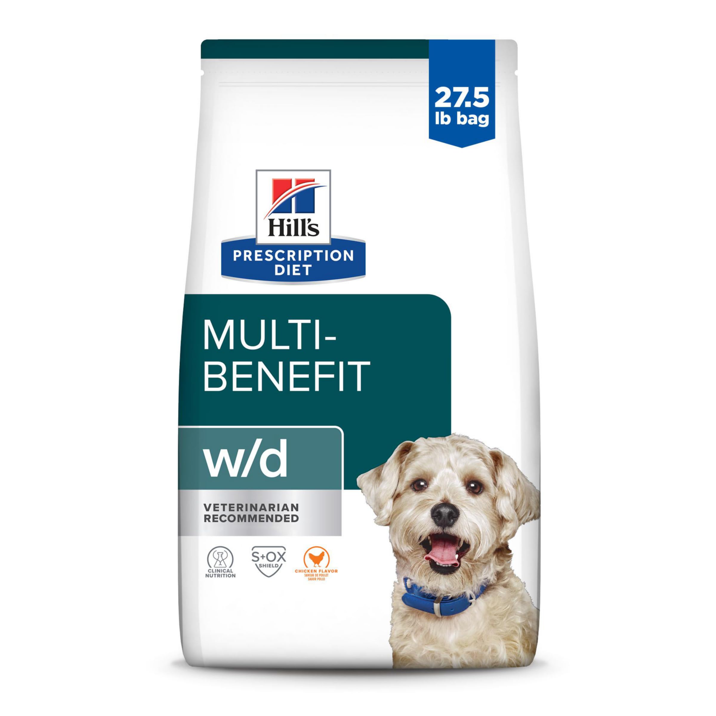 Hill's Prescription Diet w/d Multi-Benefit Dry Dog Food - Digestive, Weight, Glucose & Urinary Care - Chicken Flavor - Vet Recommended - 27.5 lb Bag - Perfect for Dogs with Special Dietary Needs and Health Conditions