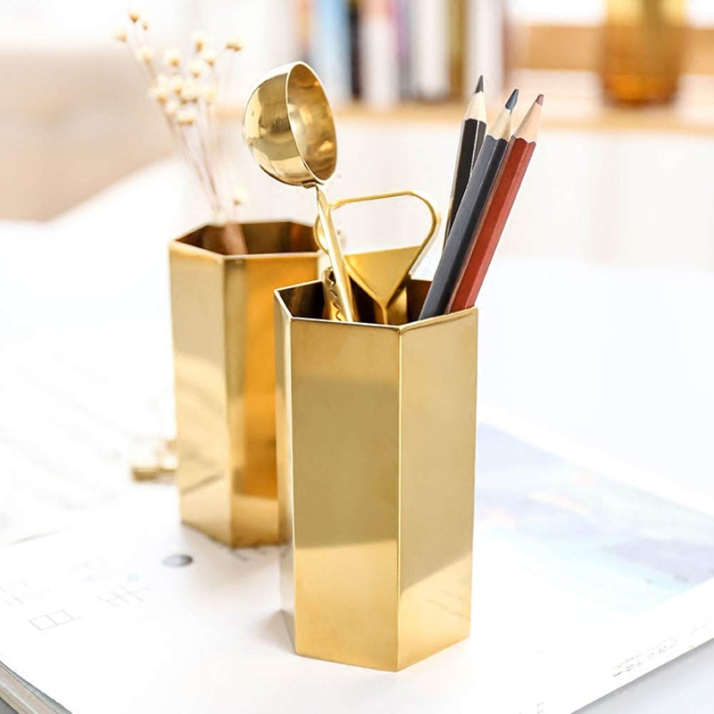 Gold Pen Cup Holder - Stylish Desk Organizer for Pencils, Pens & Makeup Brushes | Office & Home Desktop Stationery Container | Perfect for Workspace, Study Table & Vanity Decor