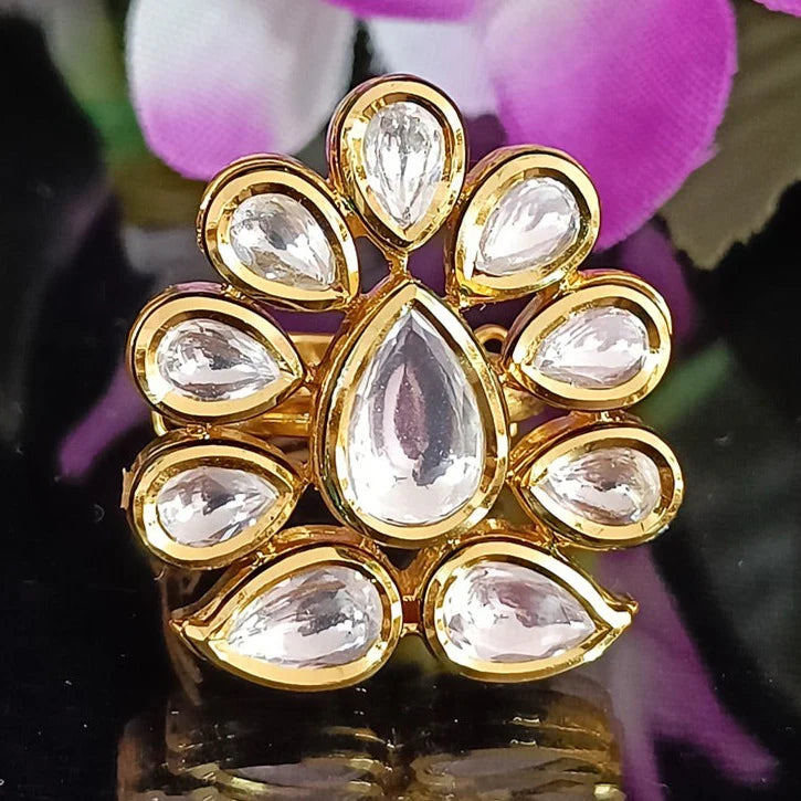 Exquisite Gold Plated Royal Kundan & Ruby Beaded Ring (Design 105) - Elegant Jewelry for Weddings, Parties & Special Occasions
