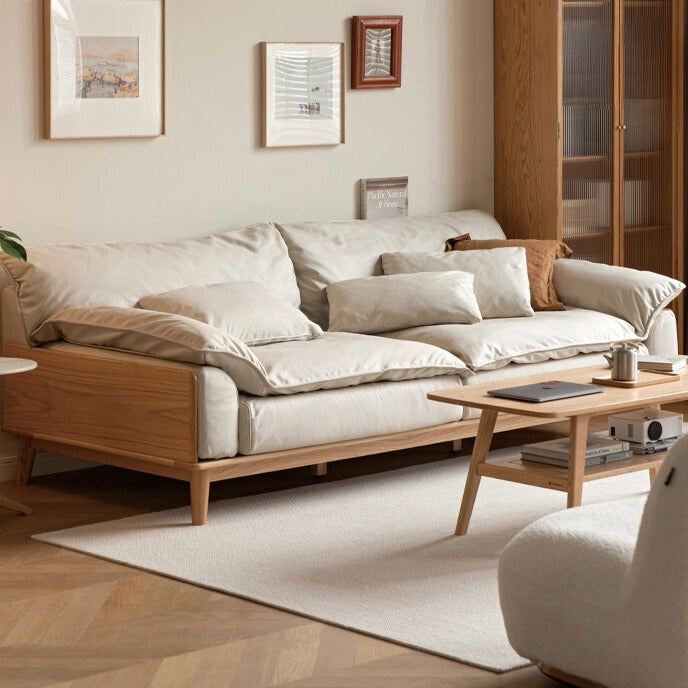 Premium Oak Solid Wood Sofa with High-Tech Fabric & Cotton Linen Finish - Modern Living Room Furniture for Home & Office Comfort