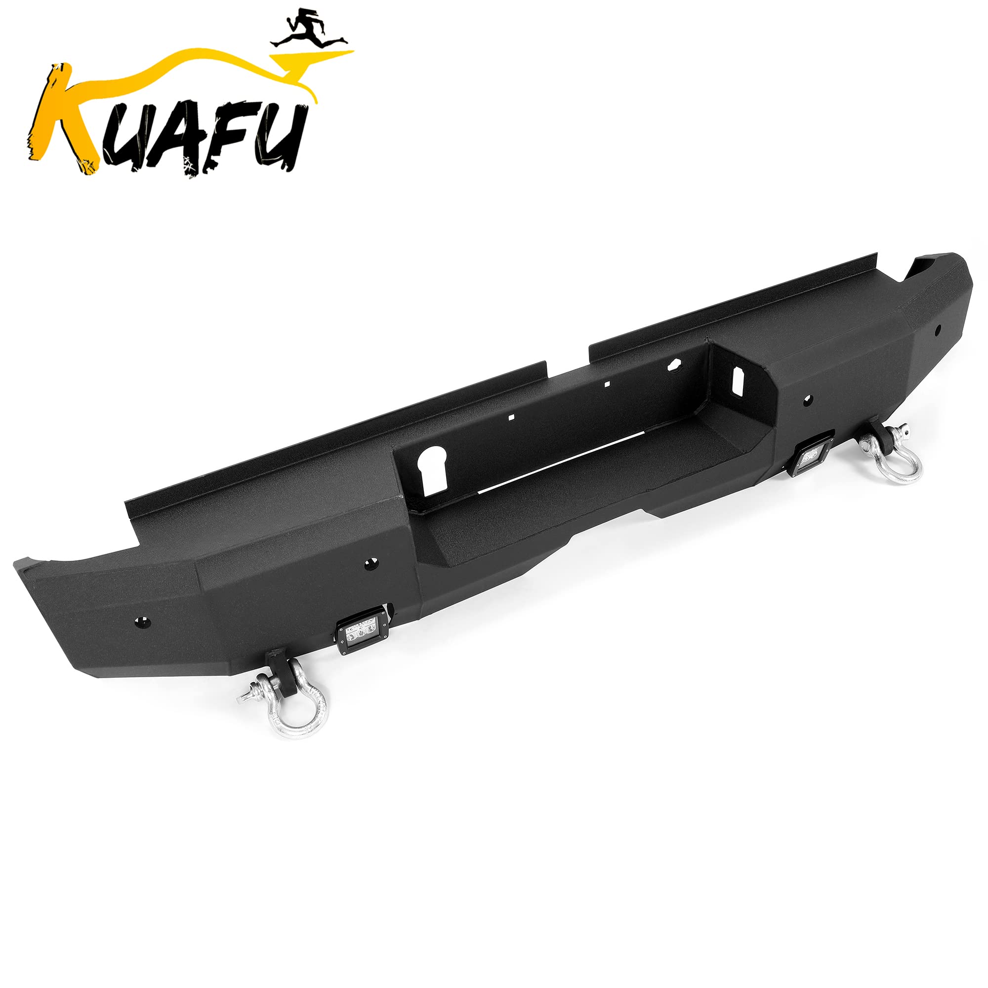 KUAFU Heavy Duty Rear Bumper with D-Rings & LED Lights for 2019-2023 Ford Ranger | Textured Black Steel Truck Bumper | Off-Road Protection & Towing Accessory