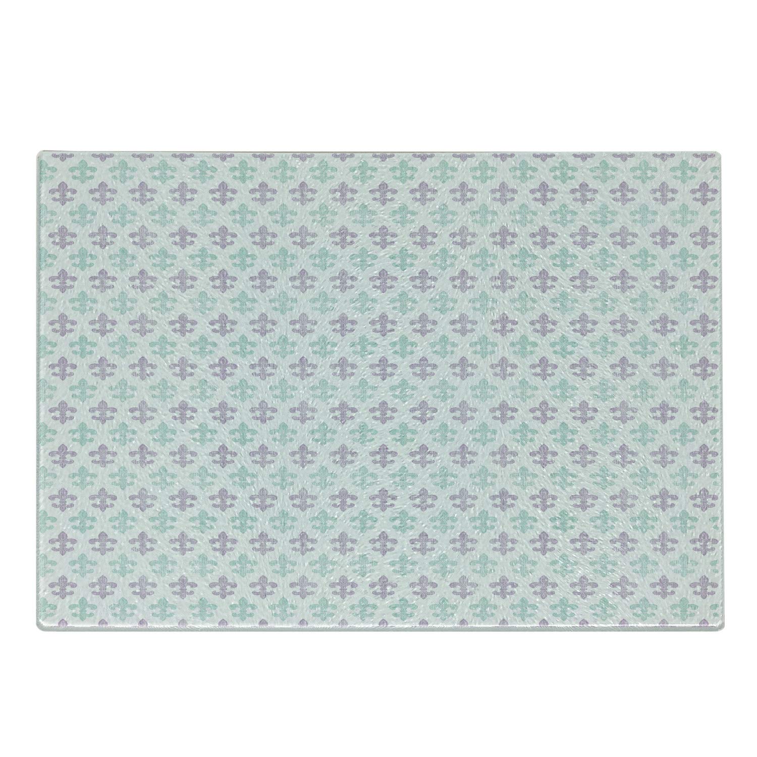 Ambesonne Fleur De Lis Tempered Glass Cutting Board - Abstract Lily Flowers Design in Pastel Mint Green, Lilac & White - Decorative Serving Board for Kitchen, Dining & Gift Giving