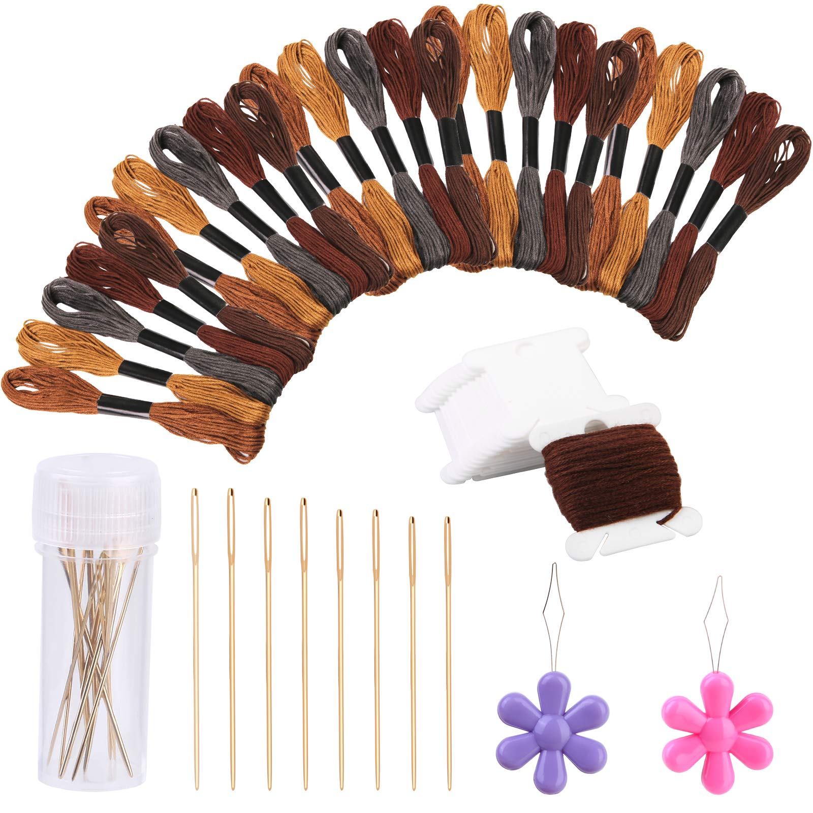 Premium Brown Series Embroidery Cross Stitch Floss Kit - 50 Colors Cotton Thread Set with Plastic Bobbins, Needle Threader & Sewing Needles - Perfect for DIY Embroidery, Cross Stitch Projects & Handmade Crafts