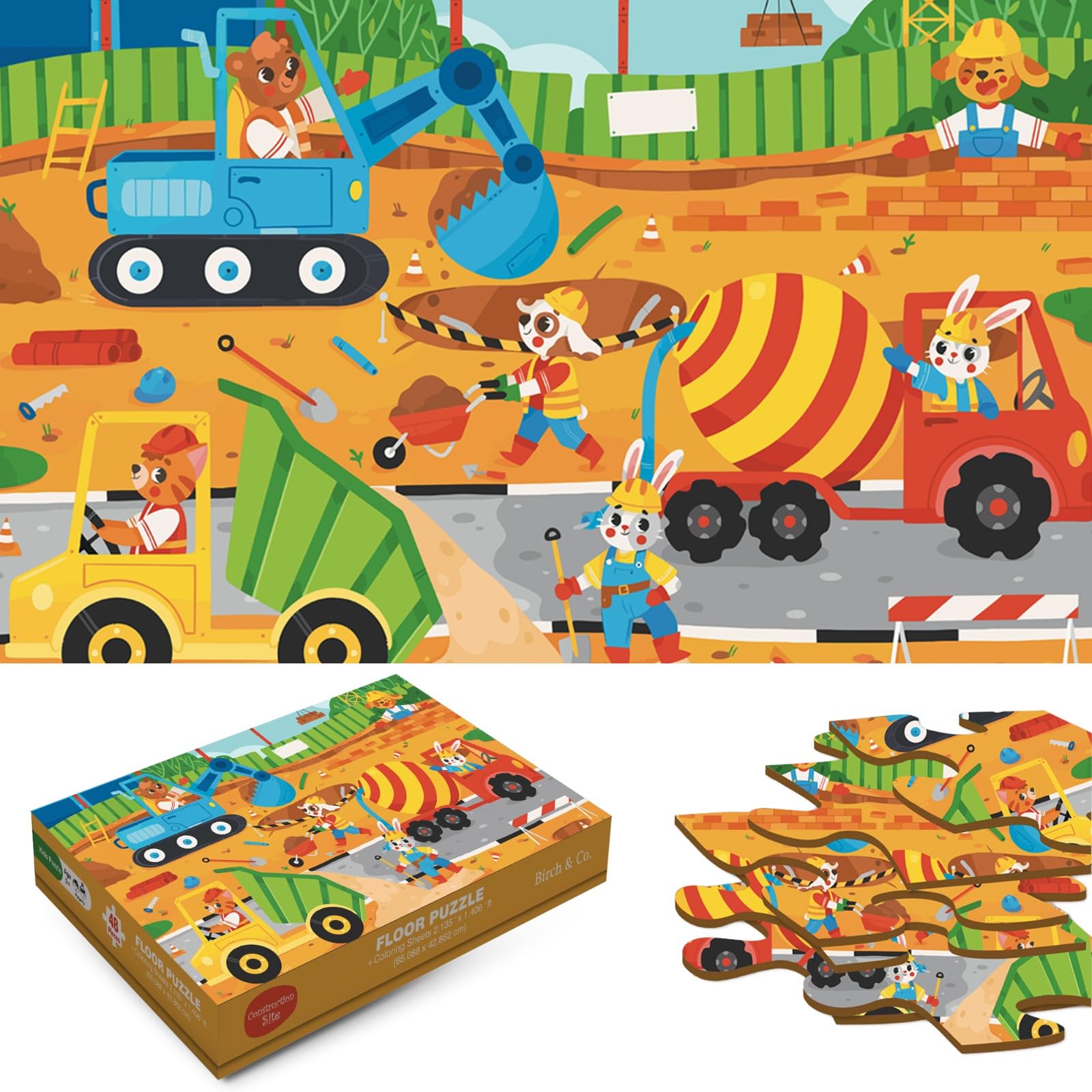 Birch & Co. Construction Theme 48-Piece Jigsaw Puzzle for Kids | Educational Puzzle Game for Children | Perfect for Family Game Night & Preschool Learning Activities