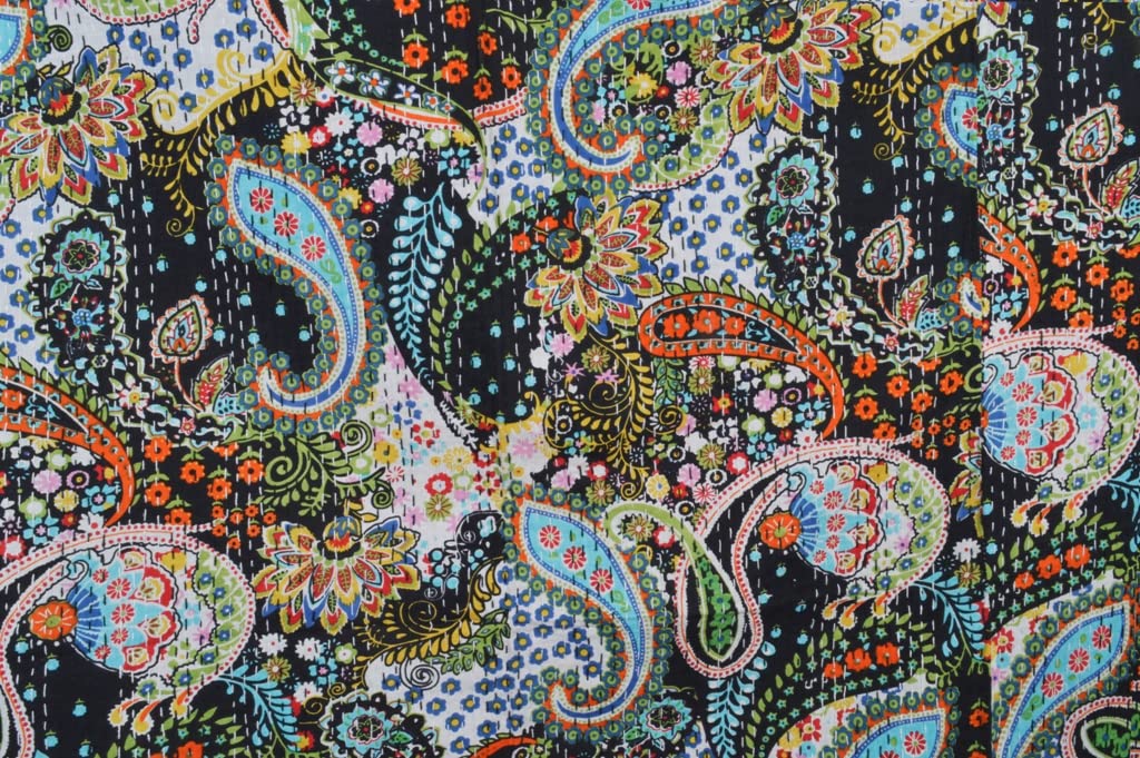 Handmade Indian Kantha Quilt - Cotton Block Print Throw Blanket | Super Soft Queen Size 90x108 Inch | Traditional Bedspread for Bedroom & Home Decor | Perfect for Cozy Nights, Guest Rooms & Boho Chic Styling (Black)