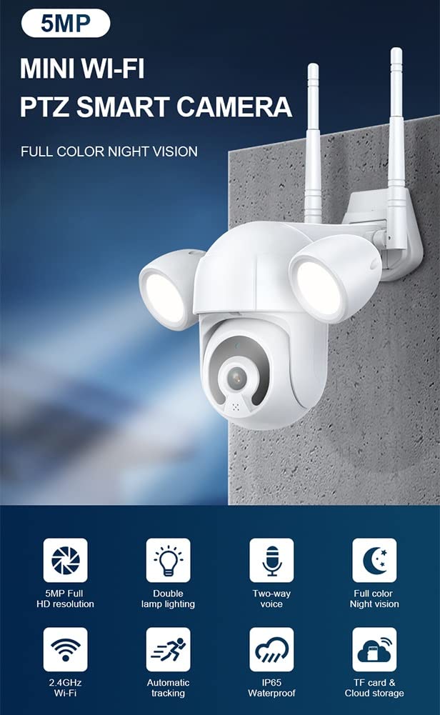 5MP Outdoor Security Camera with Floodlights - Motion-Activated Home Surveillance System, 2-Way Audio & Auto Night Vision, IP66 Waterproof for Backyard, Garage & Front Door Protection (Works with Alexa/Google Assistant) - Perfect for 24/7 Home Security and Property Monitoring