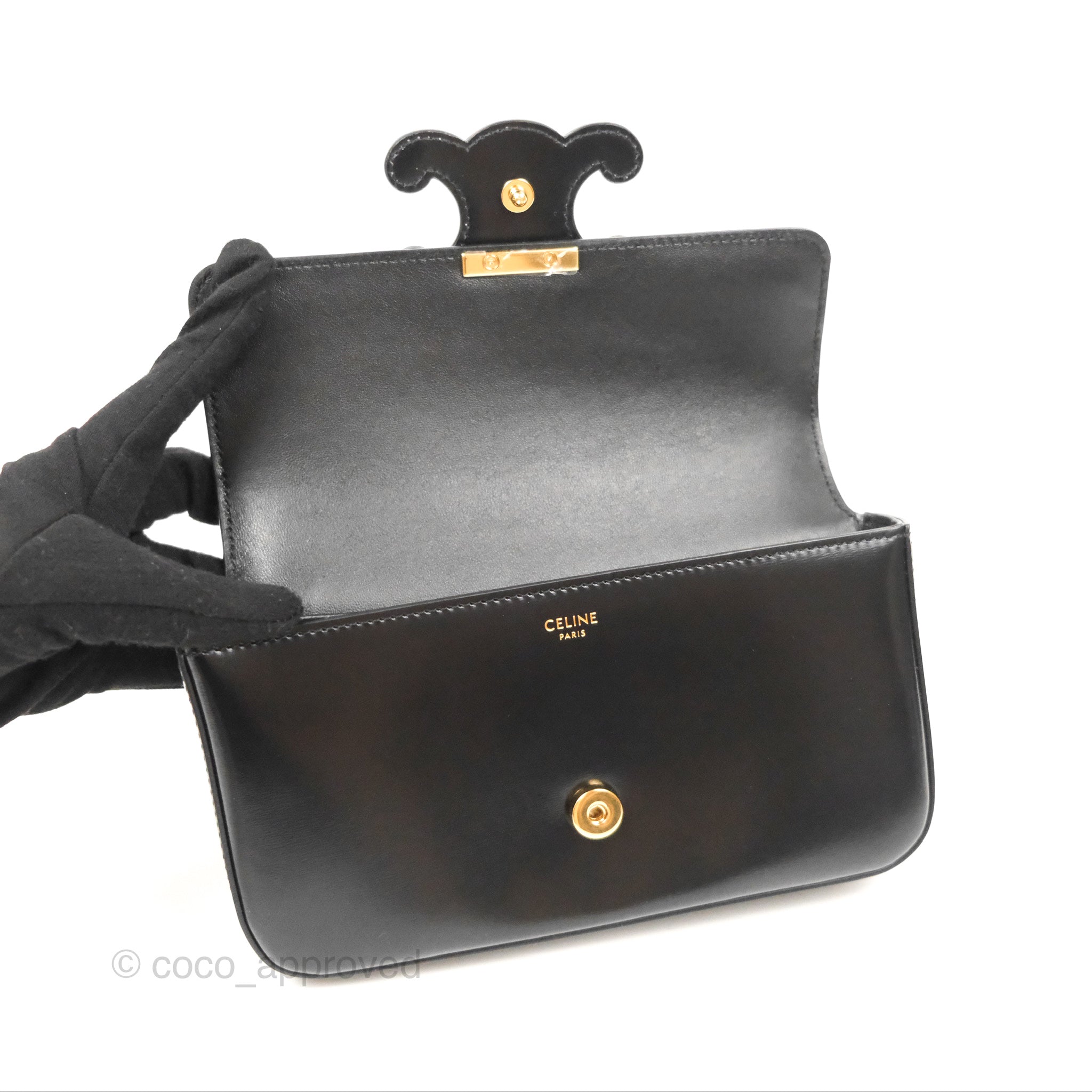 Celine Triomphe Chain Shoulder Bag in Black Shiny Calfskin Leather - Luxury Crossbody Purse for Women, Perfect for Evening Parties & Date Nights