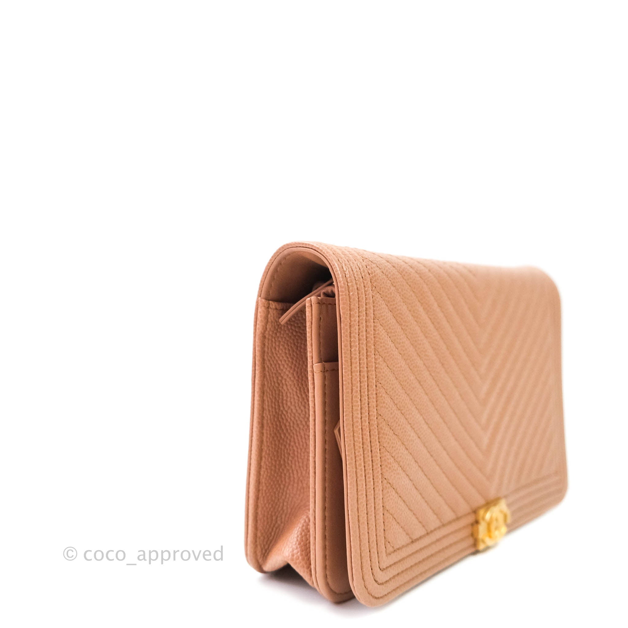 Chanel Chevron Boy Wallet on Chain WOC - Dark Beige Caviar Leather with Antique Gold Hardware | Crossbody Bag for Women, Perfect for Evening Events & Daily Use