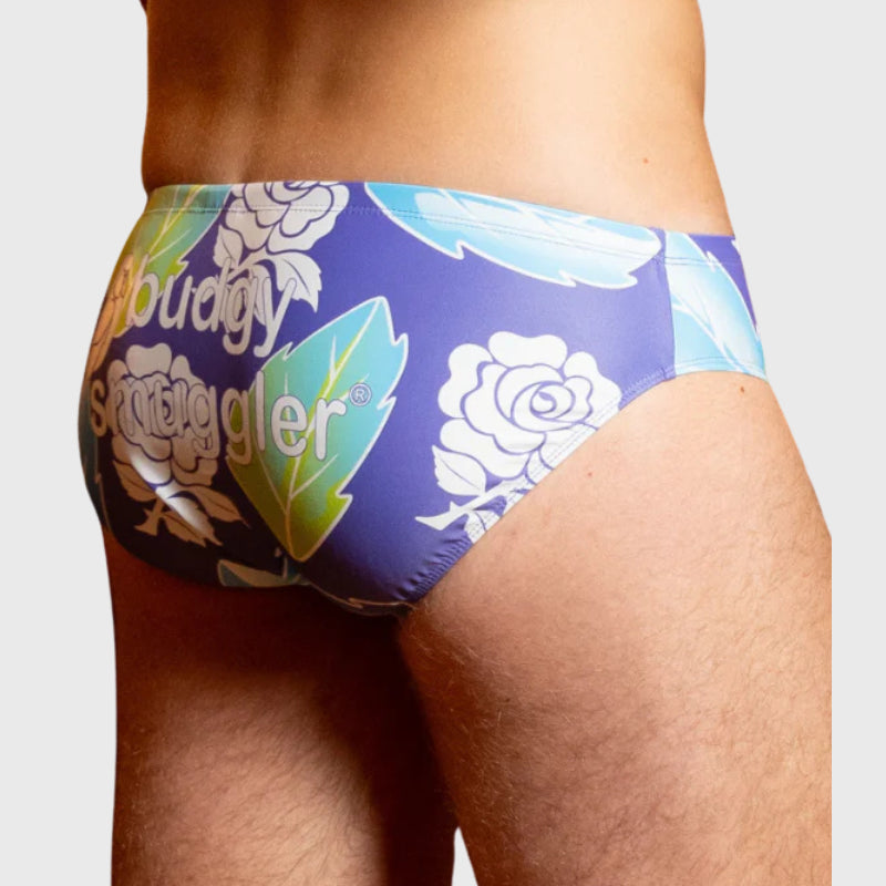 Budgy Smuggler England Rugby Swim Briefs - Purple Roses Print Men's Swimwear for Pool, Beach & Water Sports
