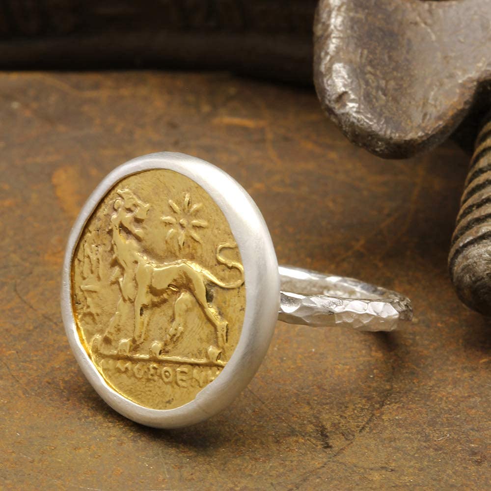Caprixus 925 Sterling Silver Lion Coin Signet Ring for Women - 24K Gold Vermeil Two Tone Handmade Hammered Pinky Ring - Turkish Fine Jewelry for Everyday Wear & Special Occasions