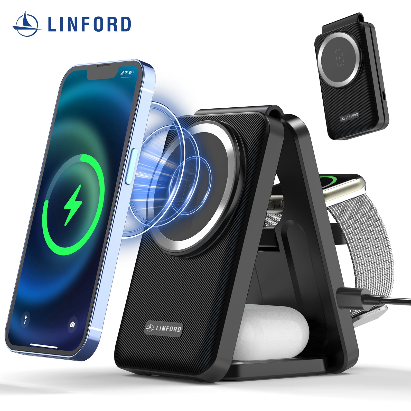 3-in-1 Wireless Charging Station with MagSafe Compatible for iPhone 15/14/13/12, Apple Watch & AirPods | Foldable Travel Charger | Fast Charging Pad for Multiple Devices (Includes Adapter) | Perfect for Home, Office & Travel Use