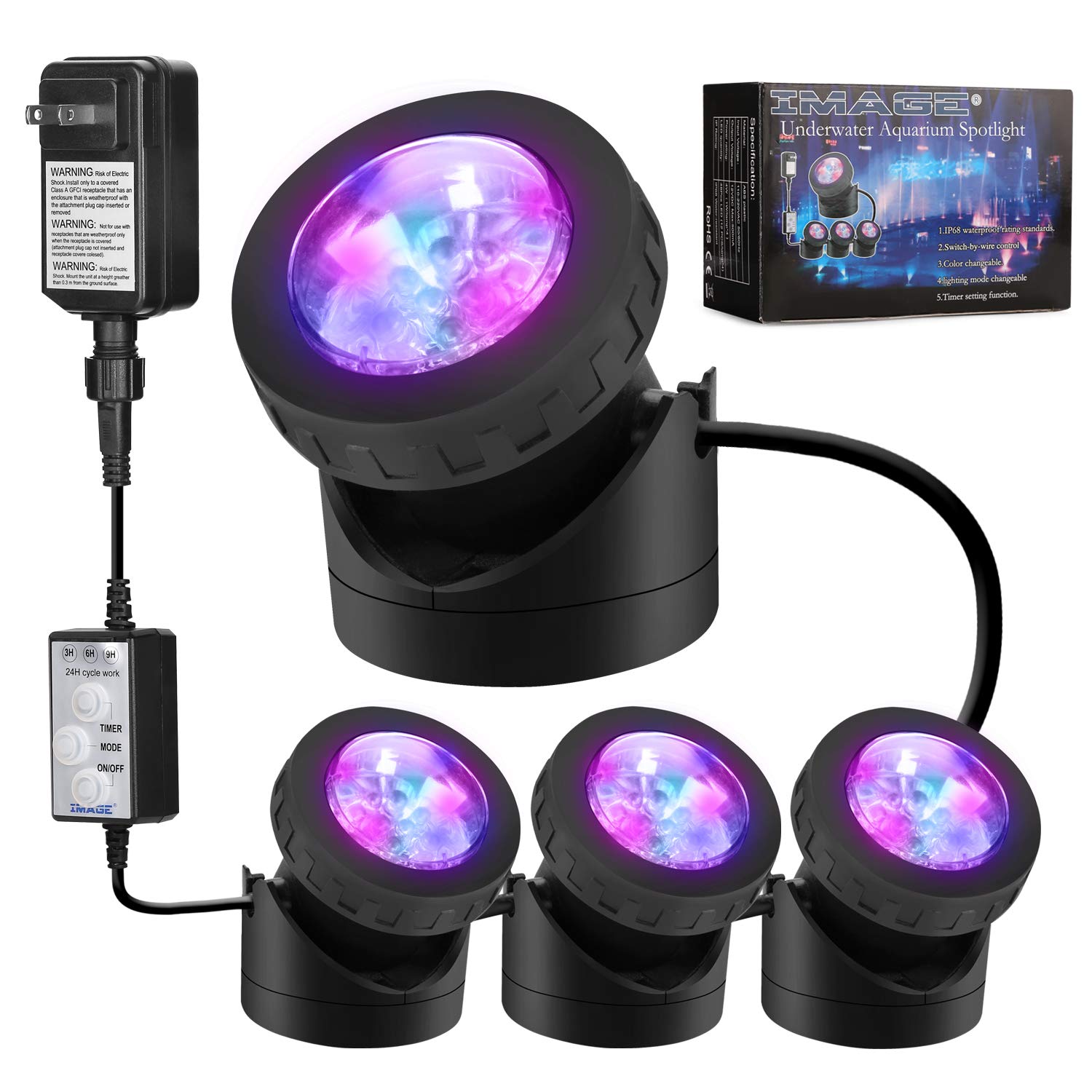 IMAGE Pond Lights - IP68 Waterproof Submersible LED Lights with 48 Multicolor Bulbs & Timer - Perfect for Pools, Fish Tanks, Fountains & Outdoor Water Features | Create Stunning Underwater Lighting Effects