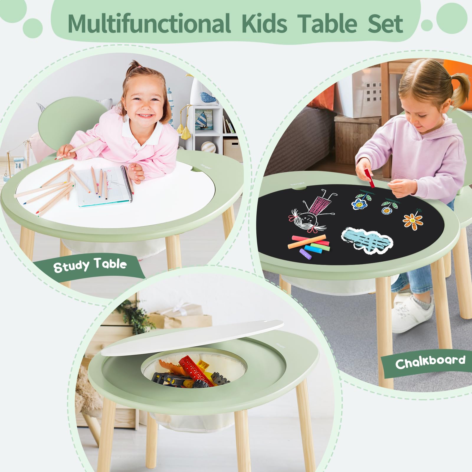 Beright Kids Wooden Table and Chairs Set - Round Play Table with 2 Chairs for Toddlers, Removable Top Panel & Storage Bag - Perfect for Bedroom, Playroom & Kids Room - Green | Ideal for Arts & Crafts, Snack Time & Learning Activities