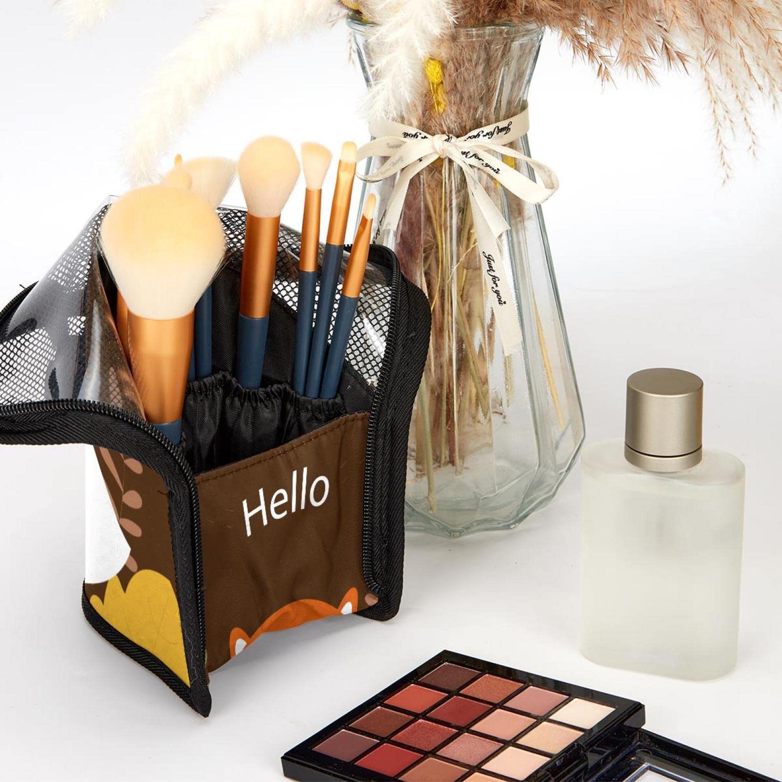 Premium 12-Piece Makeup Brush Organizer Bag Set - Hello Autumn Fox Design, Portable Travel Cosmetic Brush Holder Case for Professional Makeup Artists & Beauty Enthusiasts - Perfect for Travel, Home Vanity & Salon Use