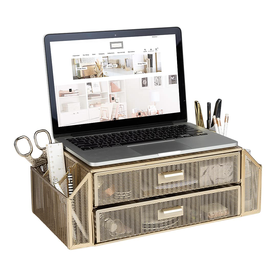 BLU Monaco Gold Monitor Stand with Drawer - Desk Organizer for Laptop & Computer