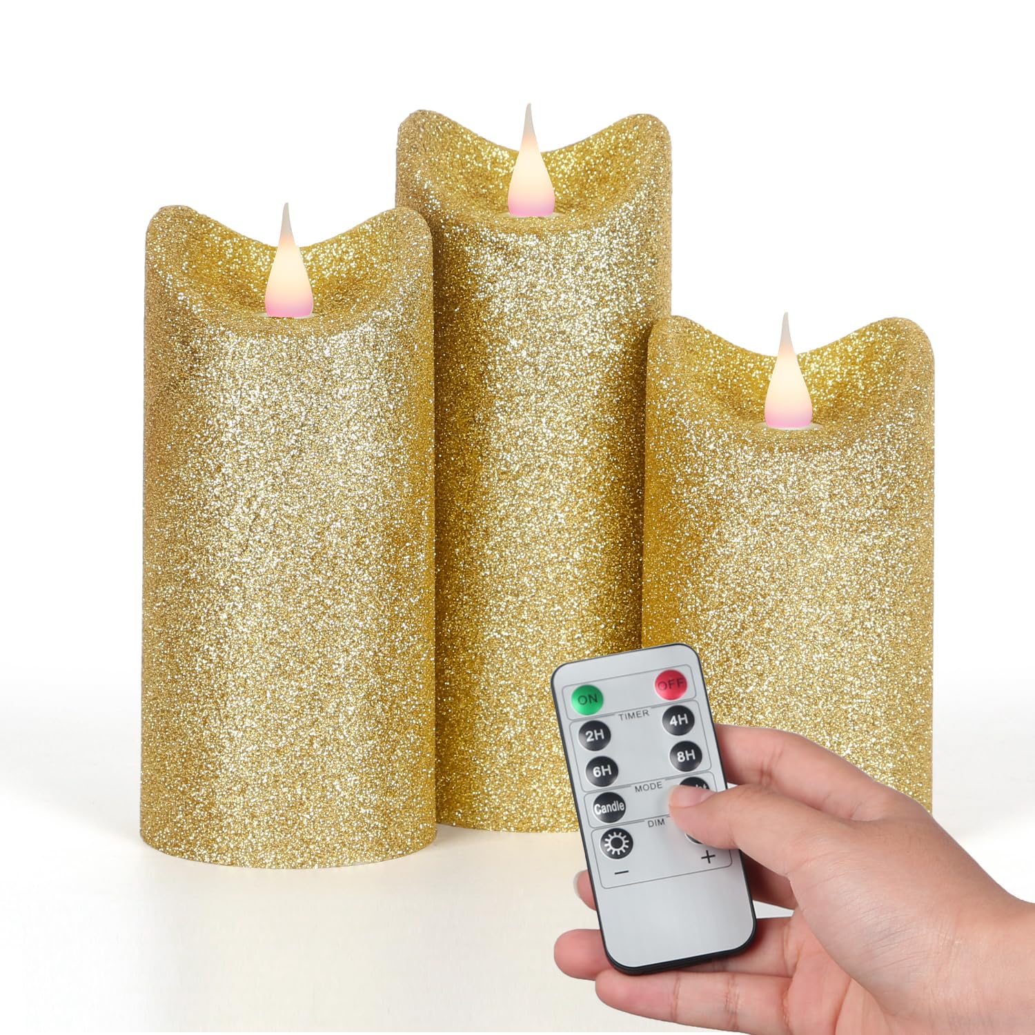 Set of 3 Gold Glitter Flameless LED Candles with Realistic Flame Effect - Battery Operated with Timer & Remote Control - Perfect for Home Decor, Weddings, Parties & Romantic Ambiance