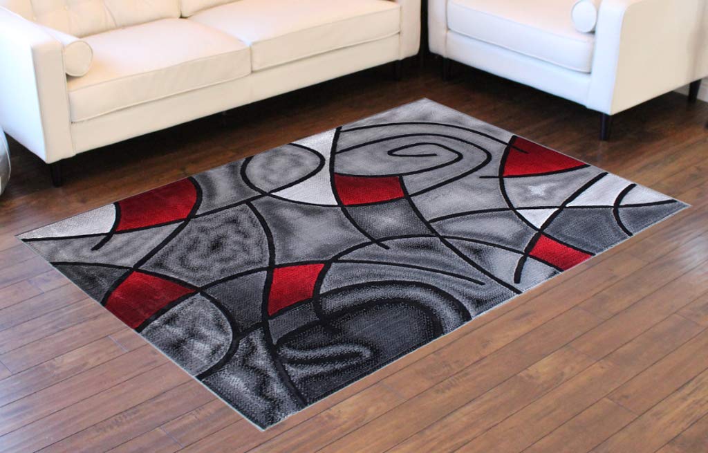 Modern Contemporary Area Rug 5x7 Feet - Red Grey Black Geometric Design Masada Rugs for Living Room, Bedroom & Office - Soft Non-Slip Comfortable Floor Decor