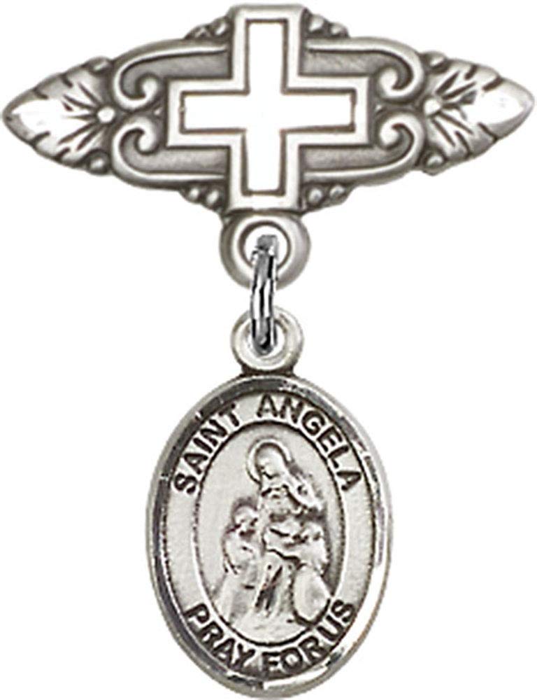 St. Angela Merici Sterling Silver Baby Badge with Cross Charm & Pin - Perfect for Baptism, First Communion & Religious Gifts