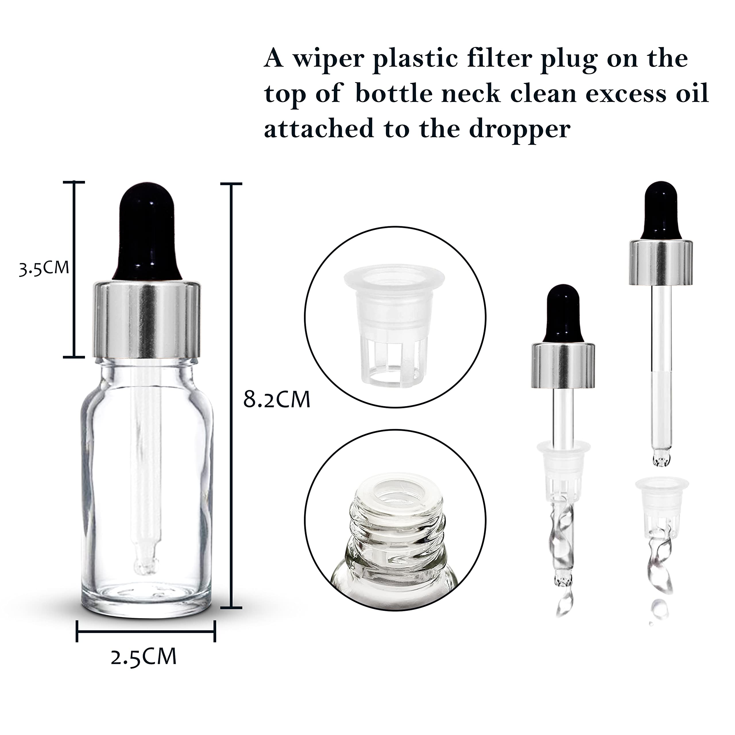 NSB Herbals 10ml Clear Round Empty Glass Bottle with Glass Dropper, Silver Ring & Black Silicone Teat - Refillable for Essential Oils, Perfumes, Aromatherapy (Pack of 3) - Perfect for DIY Blends, Travel Size & Home Fragrance