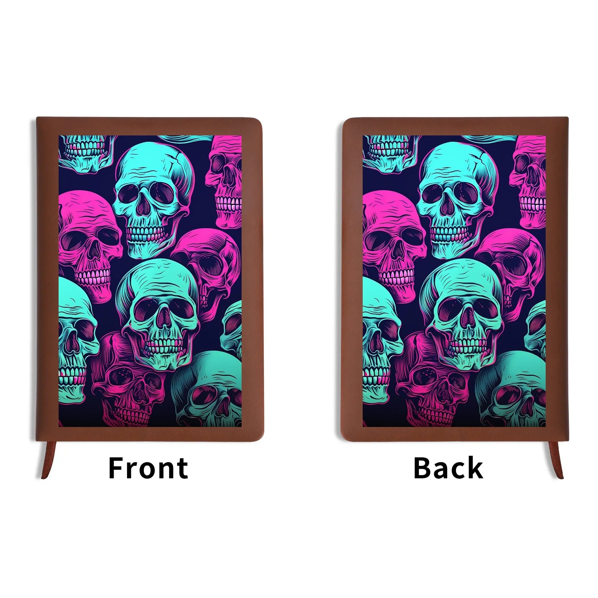 Gothic Neon Skulls Leather Journal - A5 Refillable Notebook for Writing, Sketching & Bullet Journaling - Perfect for Halloween, Dark Aesthetic & Gift Ideas