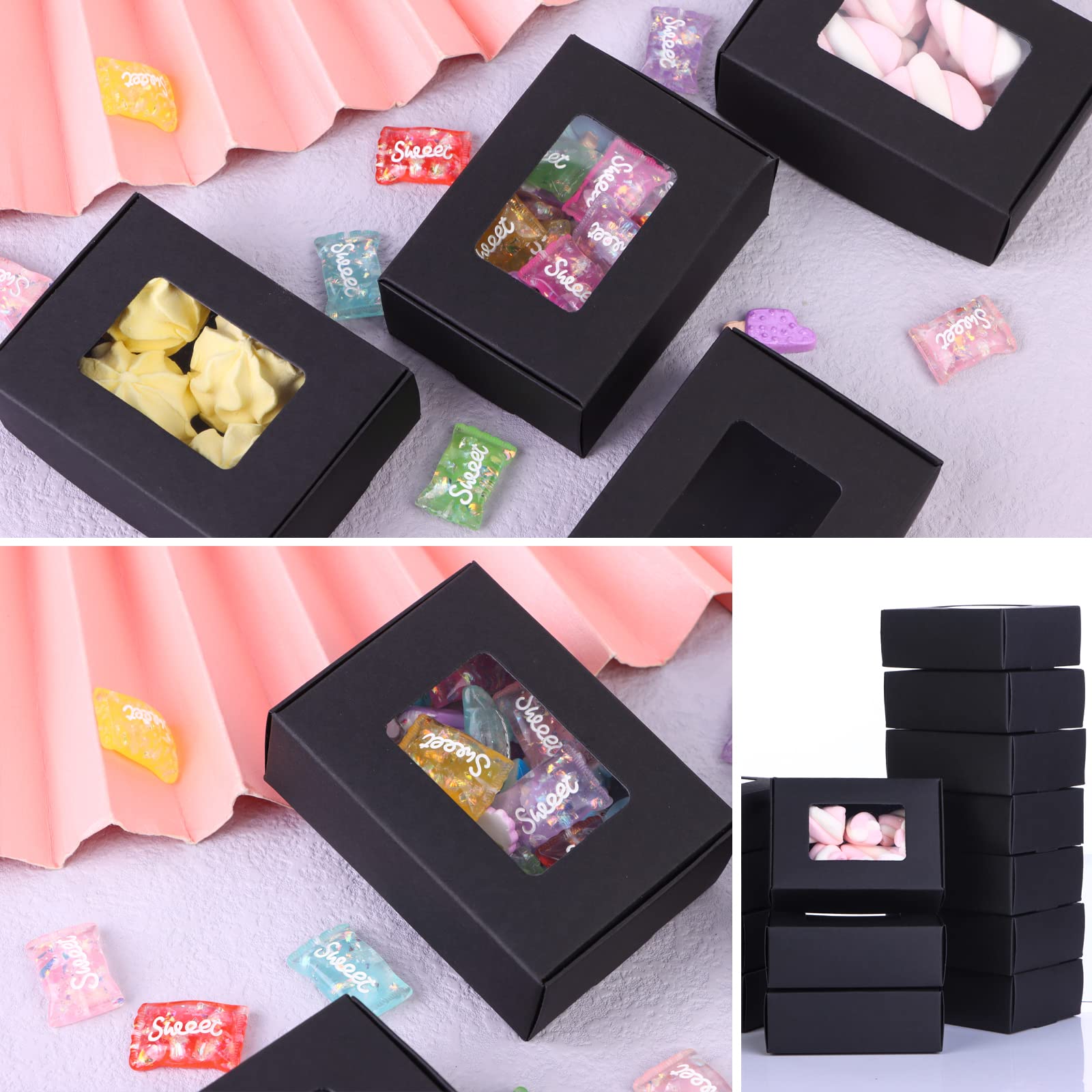 Ywin 96 PCS Mini Kraft Paper Box with Window - 3.34 x 2.36 x 1.18 Inch Small Gift Box for Soap, Candy, Jewelry, Bakery Treats & Party Favors | Eco-Friendly Present Packaging for Weddings, Baby Showers & Retail Display (Black)