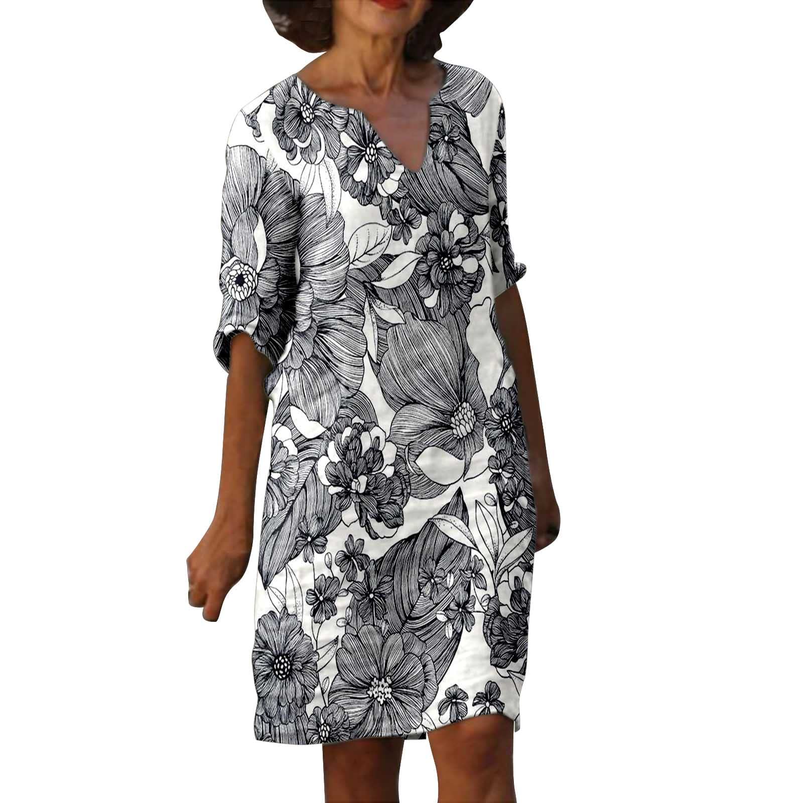 Fudule Women's Summer Casual V-Neck Short Sleeve T-Shirt Dress - Loose Fit Midi Dress for Evening Cocktail Party | Elegant & Comfortable Day to Night Wear