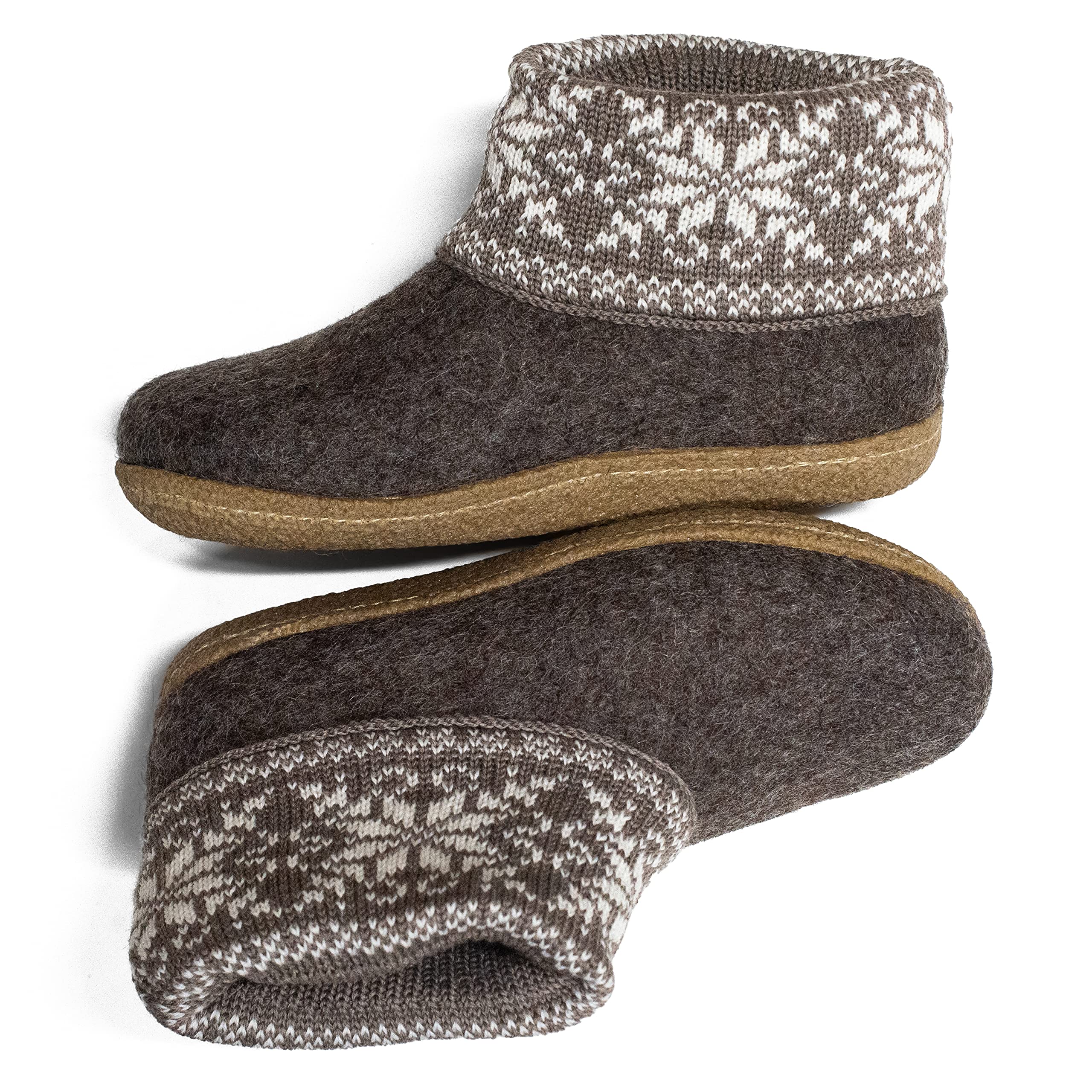 Women's Handmade Warm Wool Boot Slippers with Scandinavian Knit Collar - Cozy Indoor/Outdoor House Shoes with Rubber or Leather Outsole for Winter Comfort & Nordic Style