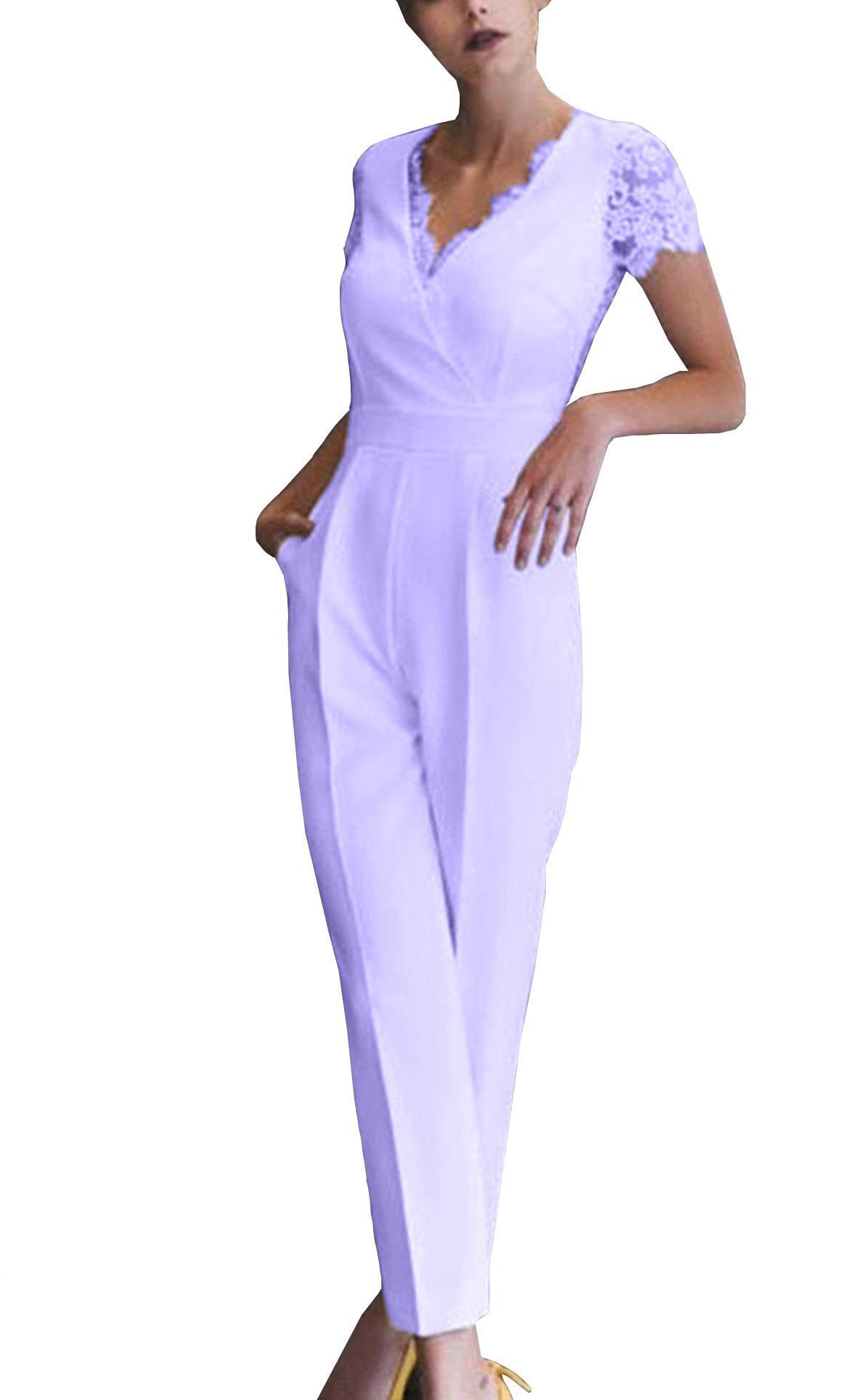 Honeydress Women's V-Neck Long Jumpsuit - Elegant Short Sleeve Lace Ruched Formal Dress for Prom, Party & Evening Events | Perfect for Weddings, Cocktails & Special Occasions