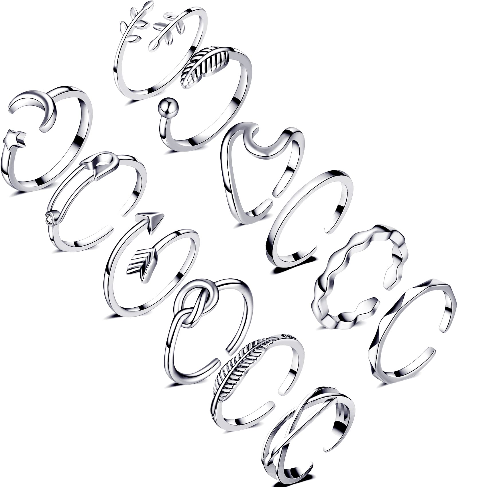 12PCS Adjustable Rings for Women - Silver Arrow Knot Wave Star Moon Open Stackable Rings Set | Trendy Thumb & Finger Rings for Teens | Perfect for Everyday Wear, Gifts & Layering