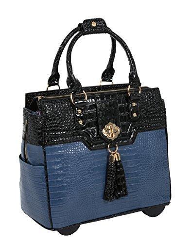 Premium Blue & Black Alligator-Pattern Faux Leather Rolling Laptop Tote Bag for MacBook, iPad, Tablet - Perfect for Business Travel, Office & College Commute