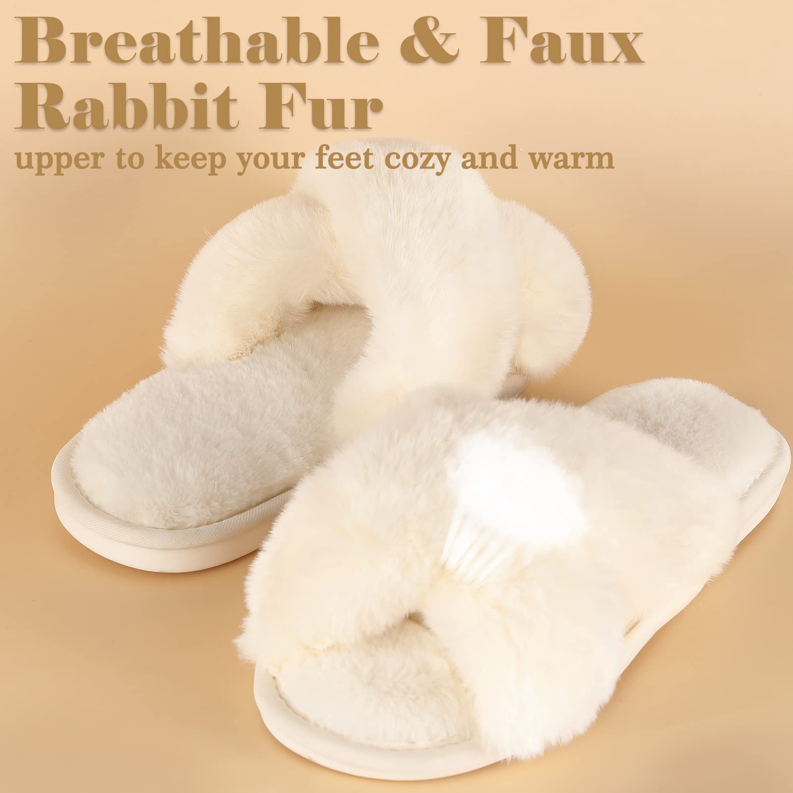 Ankis Women's Fuzzy Fluffy Slippers - 2 Pair Cozy Soft Comfy House Slippers with Cross Band & Open Toe | Non-Slip Indoor Outdoor Slippers for Relaxing at Home, Lounging or Quick Errands