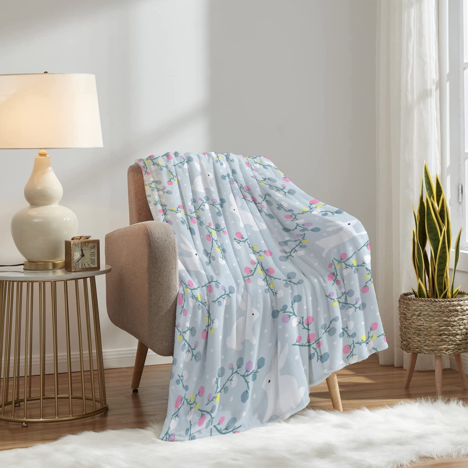 Soft Cozy Fleece Rabbit & Floral Throw Blanket for Women, Men, Kids - Lightweight All-Season Blanket for Bed, Couch, Living Room - Extra Large 120