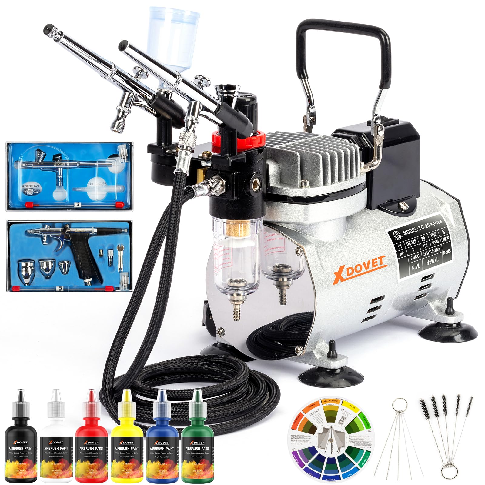 Professional Airbrush Kit with Cooling Dual-Fan & Air Storage Tank - 1/5 HP Compressor, 2 Airbrushes & 6-Color Acrylic Paint Set for Artists, Hobbyists & DIY Projects - Perfect for Model Painting, Cake Decorating & Nail Art