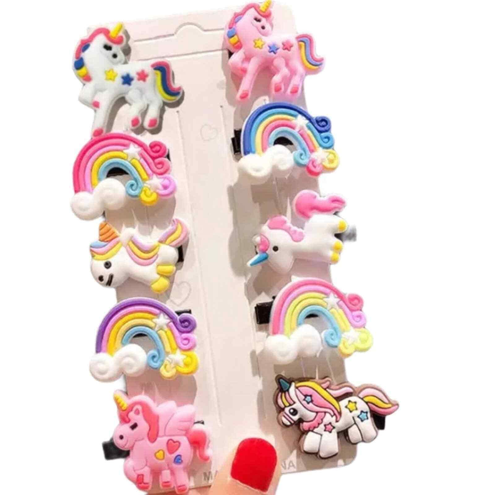 BAKEFY 10-Piece Unicorn Hair Clips Set for Girls - Princess Mermaid Hair Accessories, Toddler Barrettes for Kids (Rainbow Unicorn) - Perfect for Birthday Parties, School, and Daily Wear