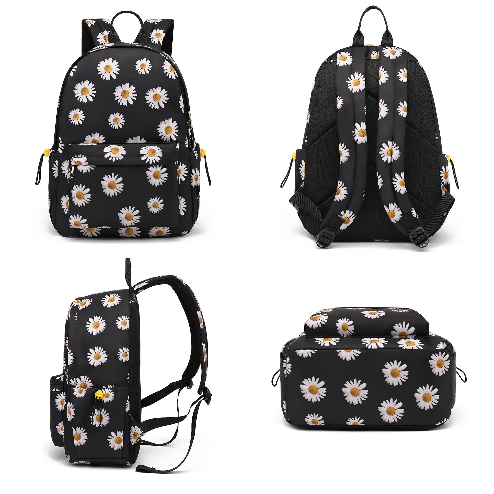 Floral School Backpack for Girls & Women - Cute Flower Print Bookbag with Laptop Compartment, Durable Backpack for Teens & Ladies (Daisy Black) - Perfect for School, College, Work & Travel