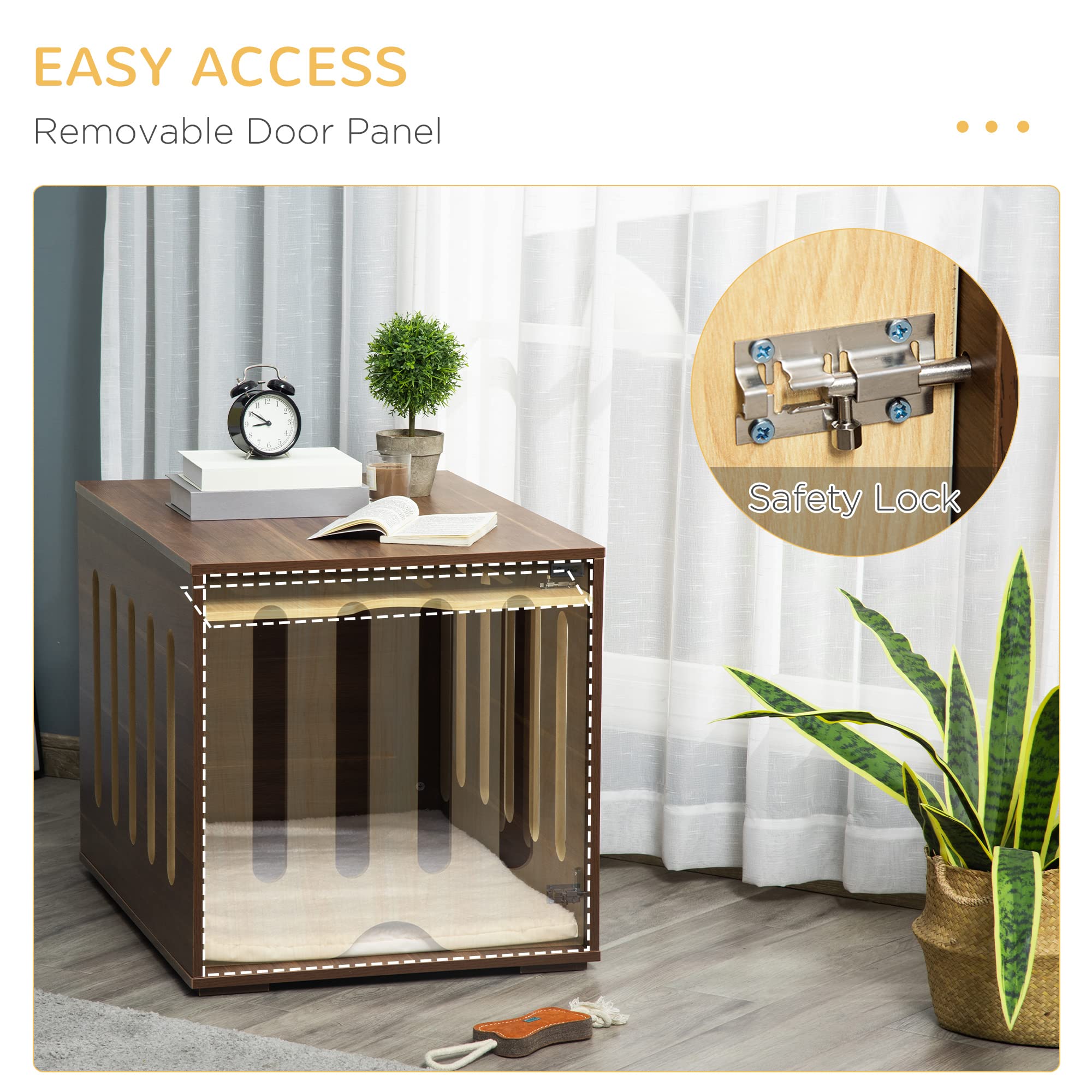 PawHut Stylish Wooden Dog Crate End Table with Removable Door & Foam Cushion - Safety Lock Pet Kennel for Small Medium Dogs - Indoor Furniture for Living Room Bedroom - Brown    (Note: This optimized version improves SEO by including key search terms naturally, removes redundant information, organizes features clearly, and adds usage scenarios at the end)