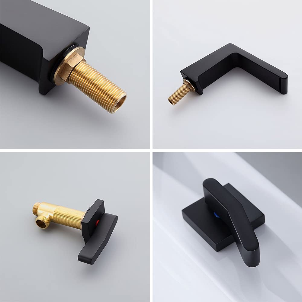 Matte Black Waterfall Widespread Bathroom Sink Faucet - Contemporary 3 Hole Double Handle Solid Brass Bathroom Faucet for Vanity Sink - Perfect for Modern Home, Hotel, and Luxury Bathroom Renovation