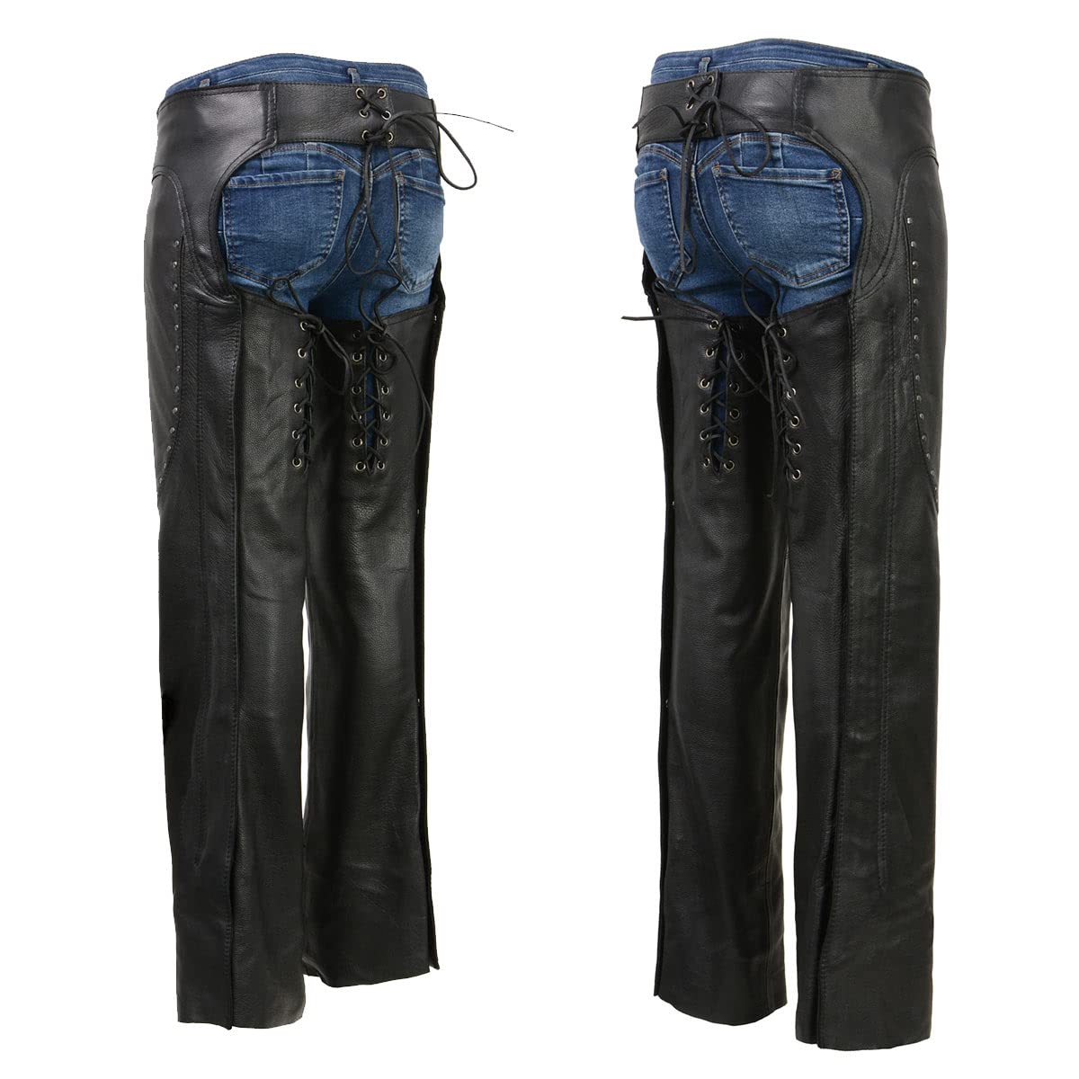 Milwaukee ML1186 Women's Black Low-Rise Waist Motorcycle Leather Chaps with Double Buckle & Rivet Detailing - Perfect for Harley Riding & Biker Events