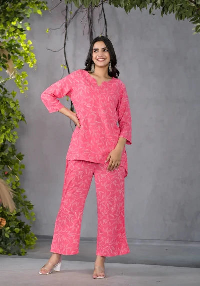 Stylish Pink Leafy Print Matching Co-Ord Set for Women | Trendy Lounge & Summer Outfit | Perfect for Casual Wear, Beach Vacation, and Instagram Fashion