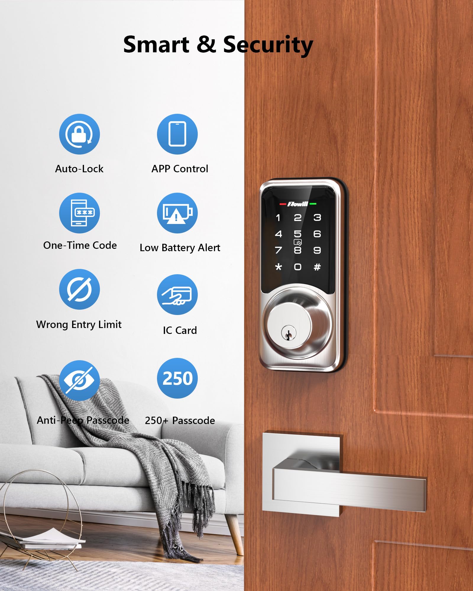 Zowill WiFi Smart Lock - Keyless Entry Door Lock with APP Control, Touchscreen Keypad, Auto-Lock Smart Deadbolt for Front Door - Home Security (Includes G2 Gateway) - Perfect for Vacation Homes, Rentals & Smart Home Integration