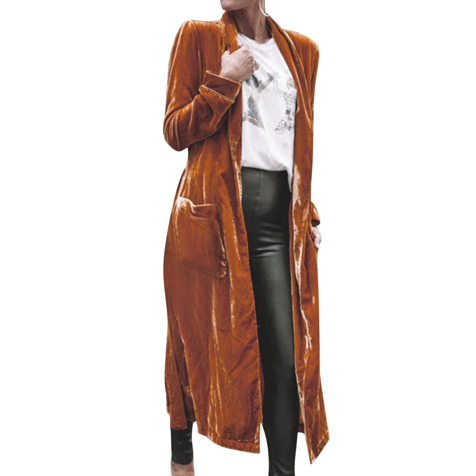 Women's Velvet Long Cardigan - Loose Open Front Elastic Coat for Spring & Fall | Cozy Layering Sweater for Casual Outfits, Office Wear & Date Nights