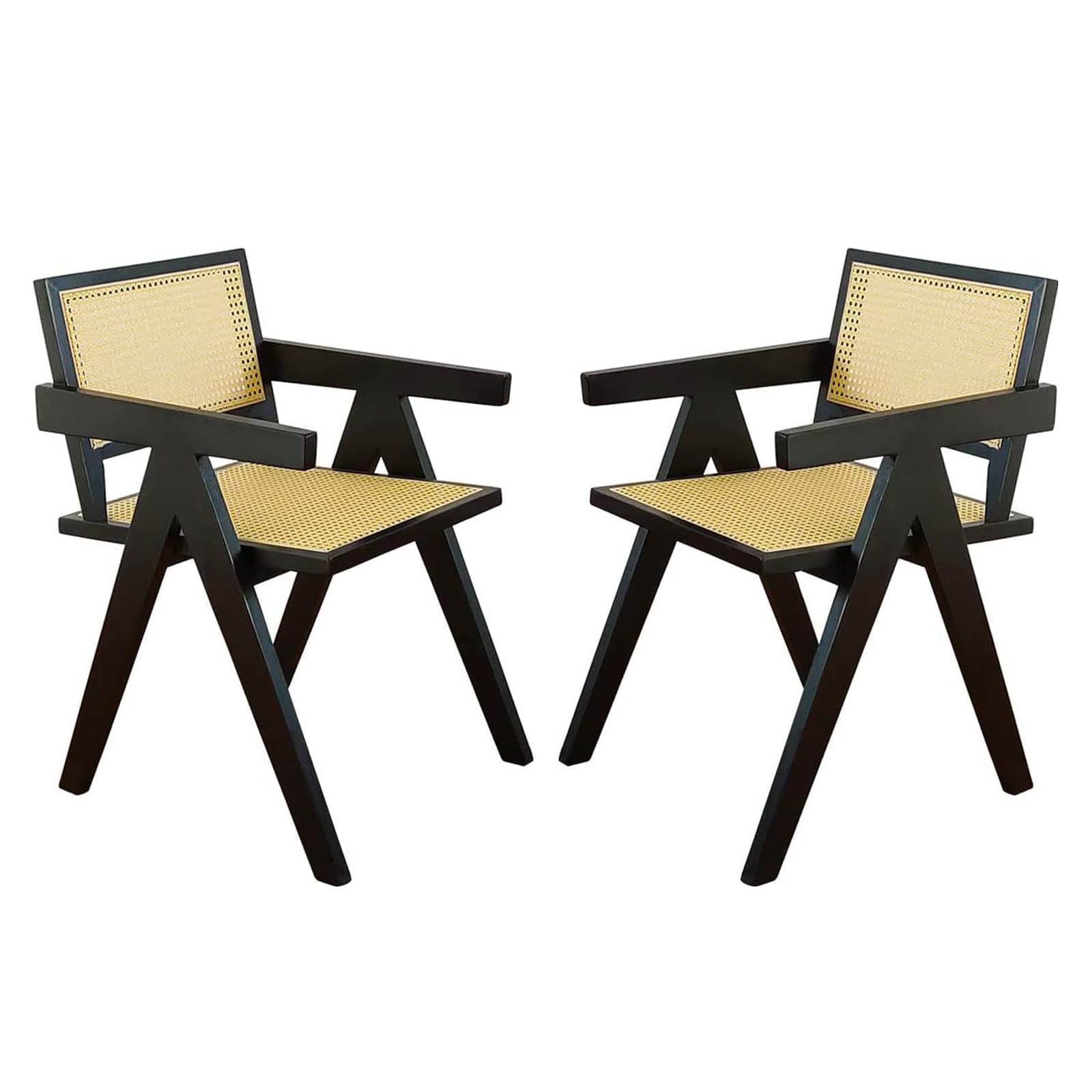 Handmade Wooden Rattan Dining Chairs Set of 2 - Outdoor/Indoor Accent Armchairs with Mesh Backrest for Living Room, Bedroom, Garden, Patio - Black Wicker Lounge Chairs for Relaxing & Entertaining