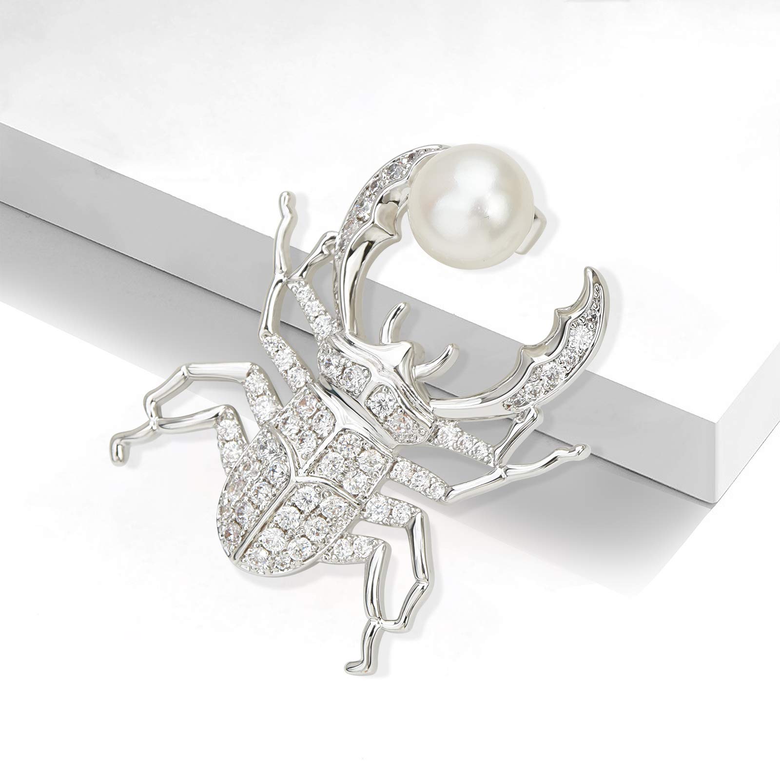 Gold & Silver Beetle Brooch Pins with Rhinestones & Freshwater Pearls - Elegant Ladybug Scorpio Insect Jewelry for Women & Men - Perfect for Jackets, Scarves, Hats & Formal Attire Accessories