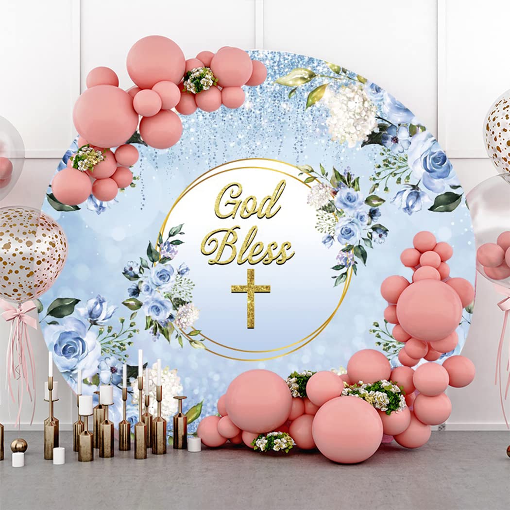 7ft Round God Bless Photography Backdrop with Golden Cross & Blue Flowers - Polyester First Holy Communion, Christening, Newborn Baby Baptism Background for Church Events & Religious Celebrations