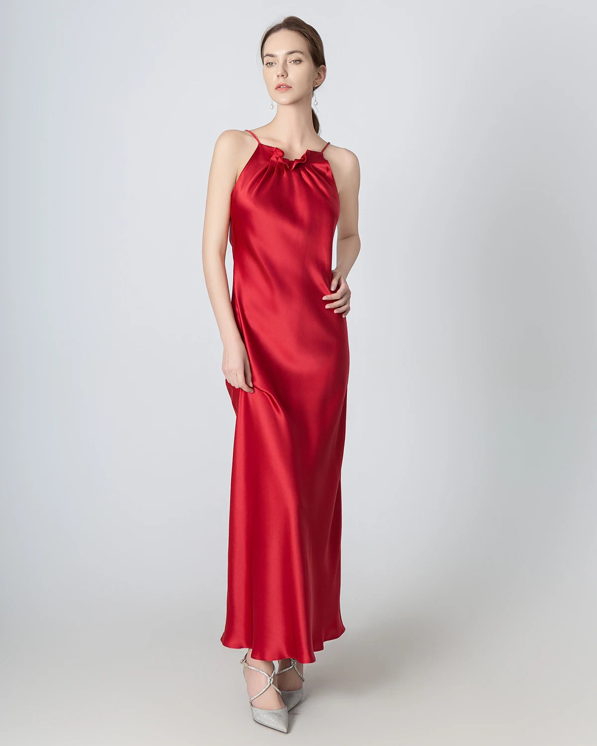 Elegant Halter Neck Maxi Silk Dress for Women - Perfect for Weddings, Parties & Summer Evenings
