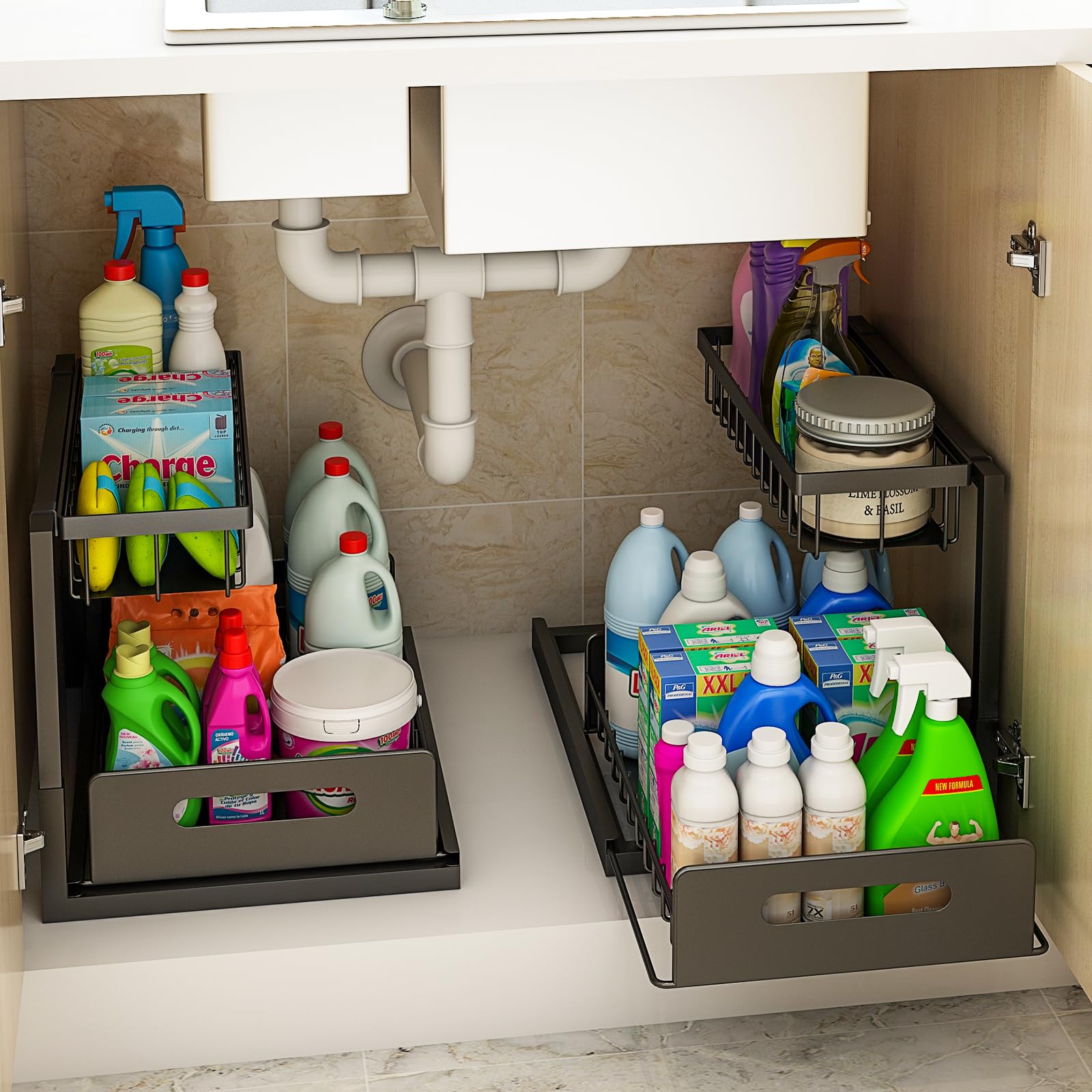 Under Sink Organizer & Kitchen Cabinet Storage - 2 Tier Sliding Pull Out Shelves for Pantry (2-Pack, Black) | Perfect for Small Space Organization & Kitchen Cabinet Decluttering